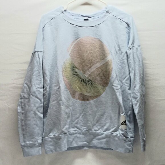 Adidas Women's Size Large Light blue Graphic Print Crewneck Sweatshirt Kiwi Logo - Picture 2 of 8